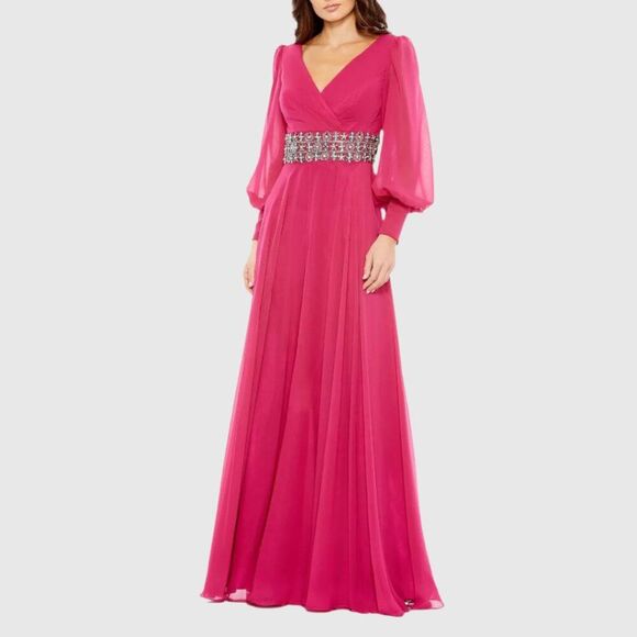 $598 Mac Duggal 79390 Size 14 Pink Long Bishop Sleeve Flowy Gown Long Maxi Dress - Picture 2 of 5